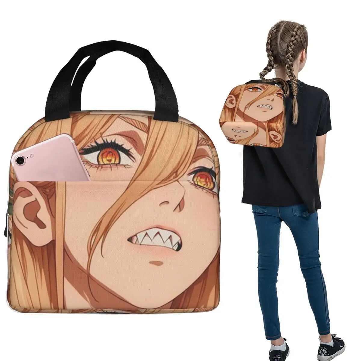 Power Anime Chainsaw Man Insulated Lunch Bag for Women Kids Portable Food Boxes Thermal Lunch Box Tote