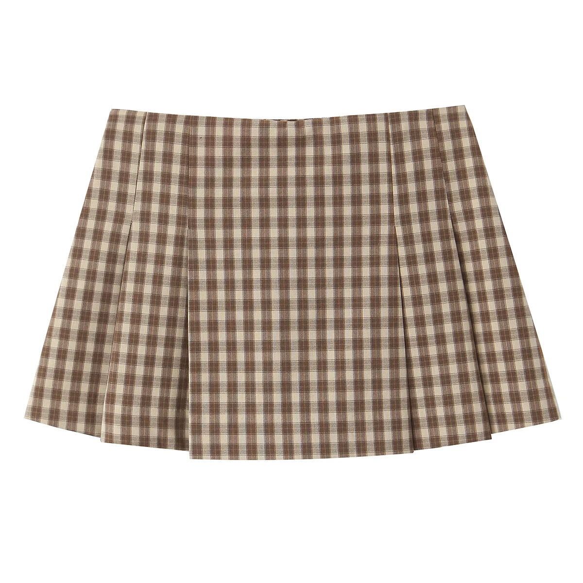 TRAFZA-Women Casual Brown Plaid Mini Skirt Wide Pleated Shorts Skirts New 2025 Fashion Spring Summer Vintage Sweet Culottes