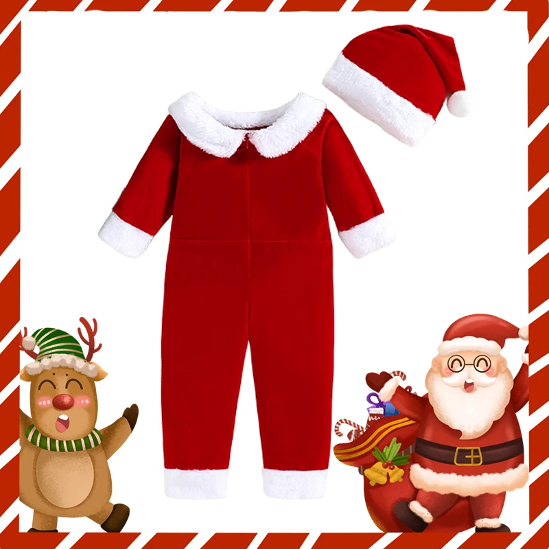 Christmas Baby Clothing Infant Red Santa Claus Style Long Sleeve Cotton Boys and Girls One Piece Hat Set Kids New Year Costume