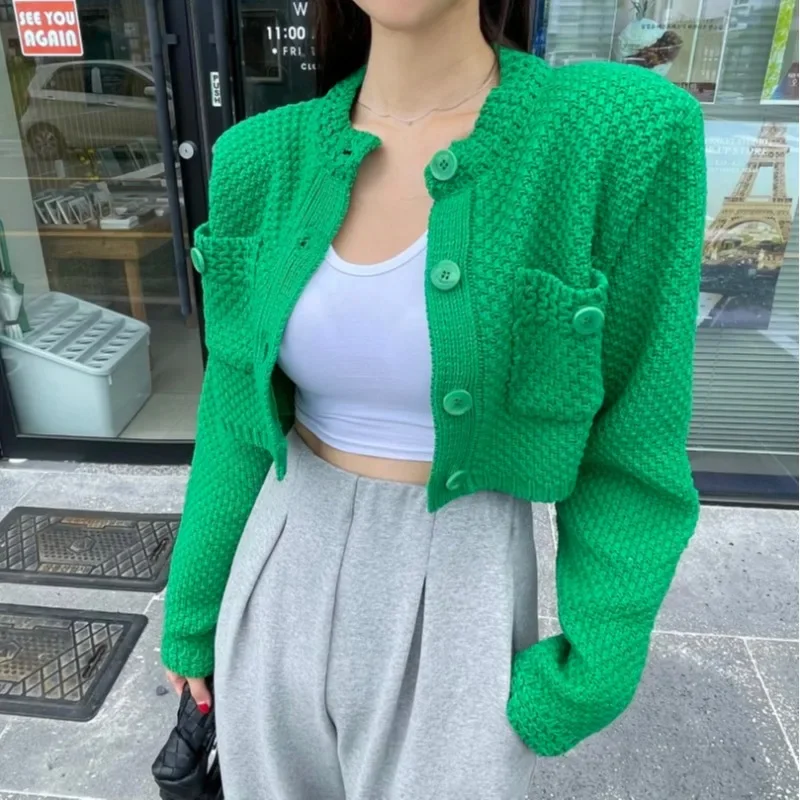 Korean Fashion Pocket Cropped Cardigan Woman Knitted O Neck Long Sleeve Cardigans Female Simple Solid Color Sweater Dropshipping