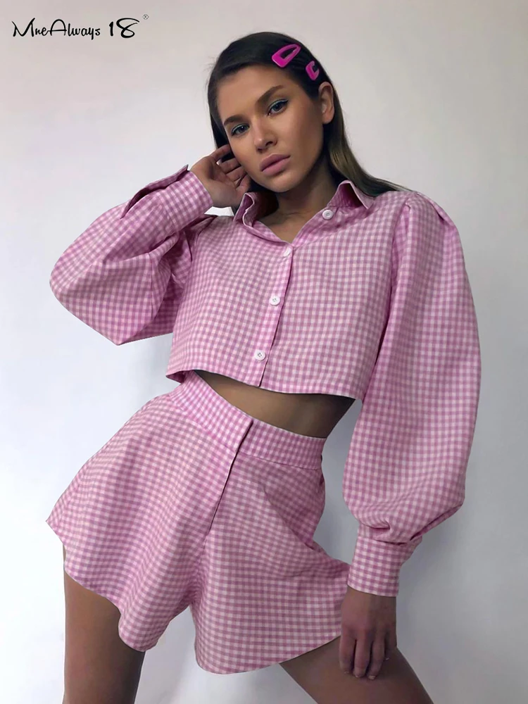 Mnealways18 Gingham Lantern Sleeve Women 2-częściowy zestaw bluzka w kratę z rozkloszowanymi szortami garnitur seksowne stroje dwuczęściowe z wysoką