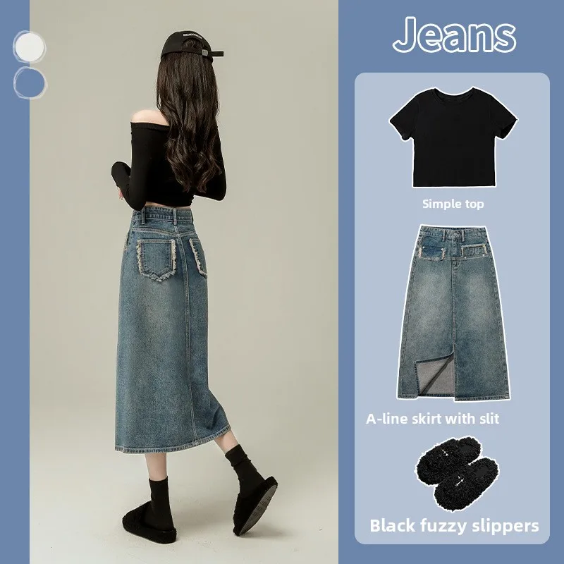 High Waist Denim  Skirt Women's Autumn 2026 A-Line Midi Skirt Bodycon Skirt Spring Summer Cotton Washed Zipper Style