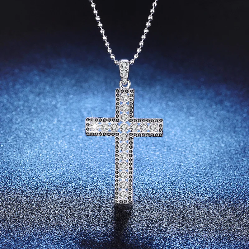 

Women's PT950 Platinum Bead Necklace - Full-Diamond Cross Moissanite (D Color), Elegant Sparkly Jewelry for Her