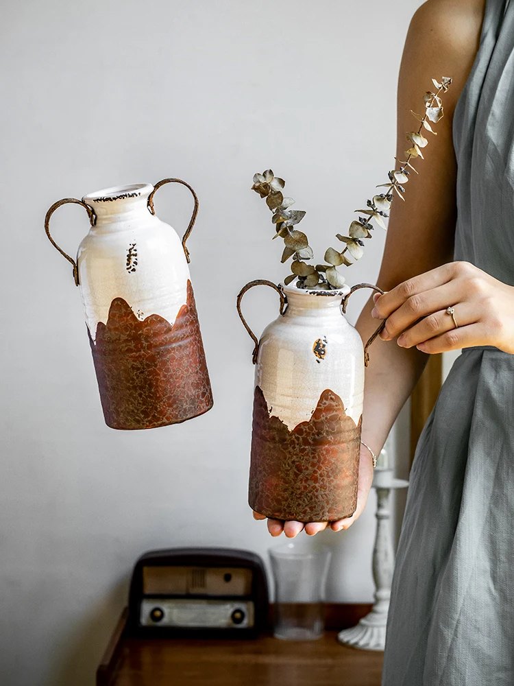 Antique Ceramic Vase with Iron Handles Distressed Multi Craft Home Decor Ornament