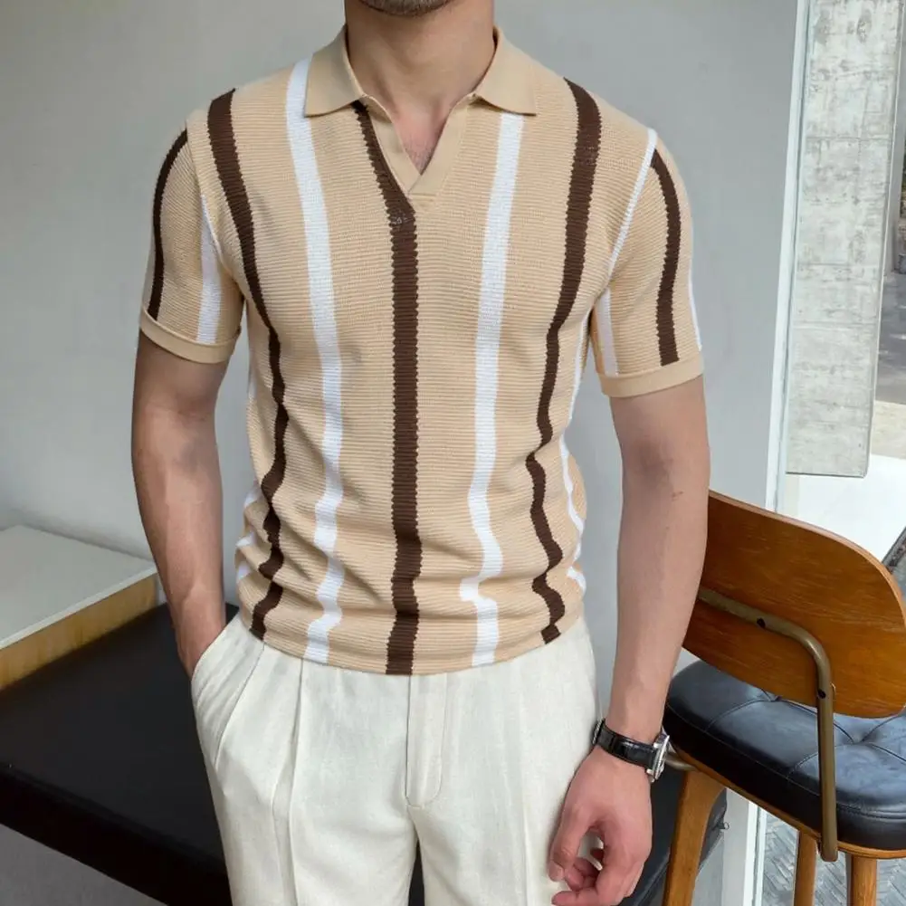 2026 Men's Knitted Lapel T-shirt Short Sleeve Ribbed Knit Tee Shirt Breathable Striped Casual Golf Shirt for Daily Wear Street W