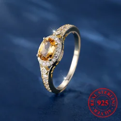 Female Yellow Crystal Topaz Stone Oval Jewelry Real 925 Sterling Silver Gold Color Engagement Rings For Women Wedding Band