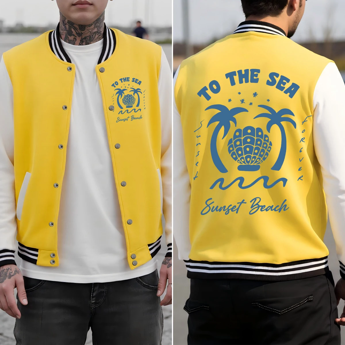 

To The Sea Sunset Beach Printed Men Baseball Uniform Autumn Fashion Clothes Cotton Loose Jacket Colorful Hip Hop Jackets