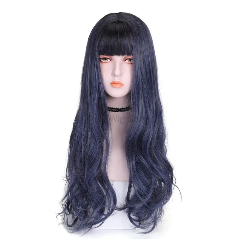 

Blue Long Wavy Synthetic Wig with Bangs Cosplay Christmas Halloween Hair Brown Wig For Women Water Wave Gothic Lolita