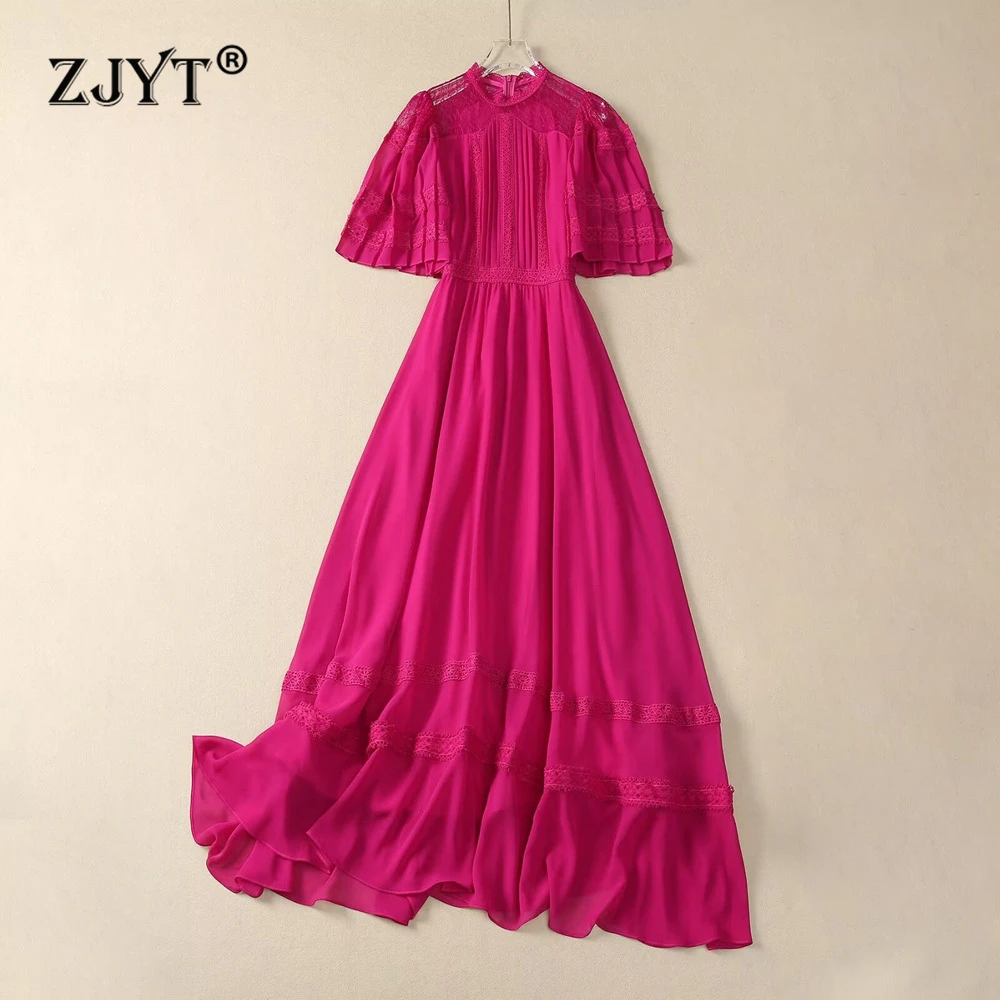 

ZJYT Elegant Lace Patchwork Long Party Dresses for Women Runway 2024 Fashion Summer Dress Butterfly Sleeve Aline Black Vestidos