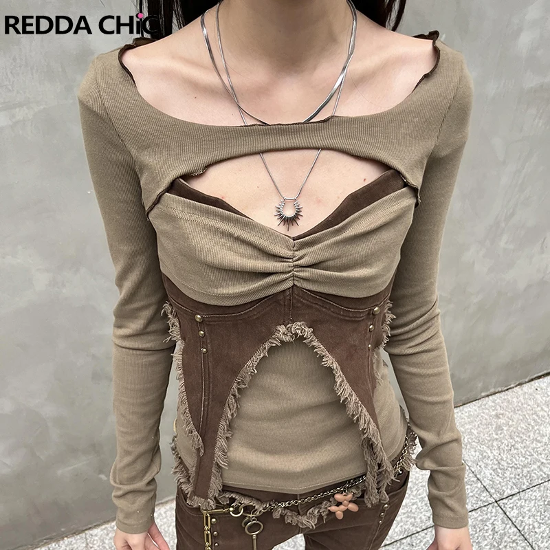 

ReddaChic Punk Studded Denim Top Women Vintage Brown Color Block Patchwork Cut Out Corset Long Sleeve T-shirt Y2k Streetwear