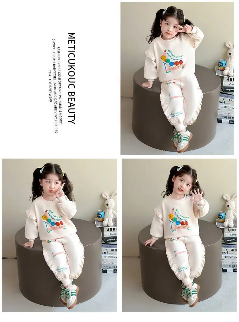 1-8 Jahre Kinder Mädchen Beige Hosen-Sets Cartoon-Muster Langarm Lose Geraffte Pullover-Hoodies + Elastische Taille Weite Hosen 2-teilige Sets – Detail 11