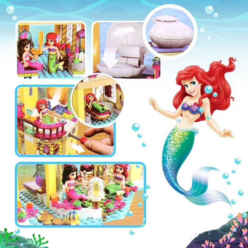 FIT 41063 Disney księżniczka Ariel podwodny pałac zamek syrenka podwodny pałac Elsa klocki przyjaciele cegły zabawki dziewczyna