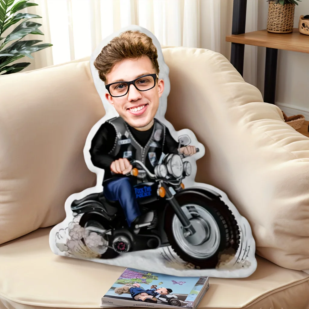 Customised Double-Sided Printed Couple's Motorcycle Portrait Cushion Adorable Face Design DIY Essential for Valentine's Day