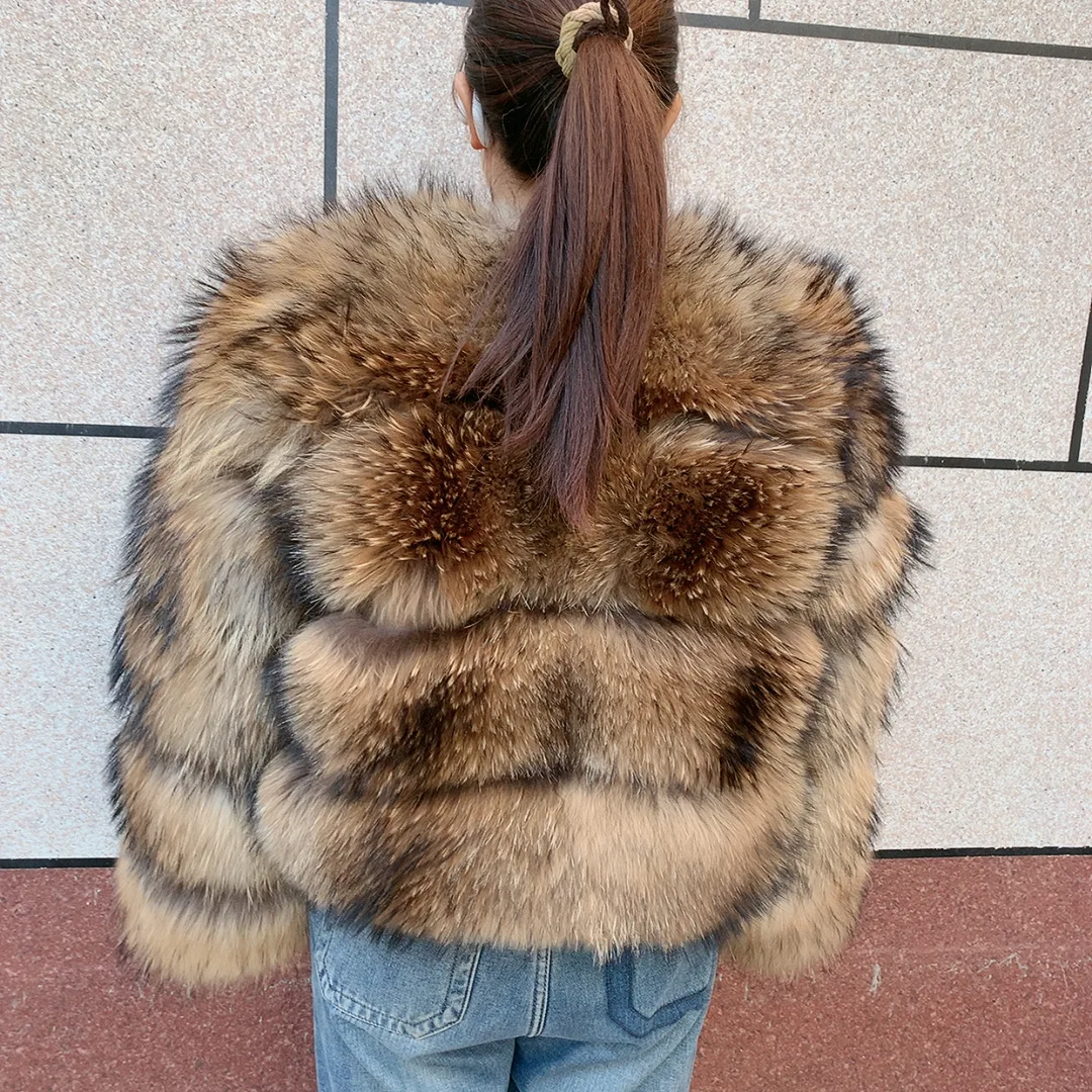Cappotto da donna in vera pelliccia di volpe naturale e vera pelliccia di procione, giacca invernale calda e spessa a maniche lunghe, top in vera pelliccia al 100%