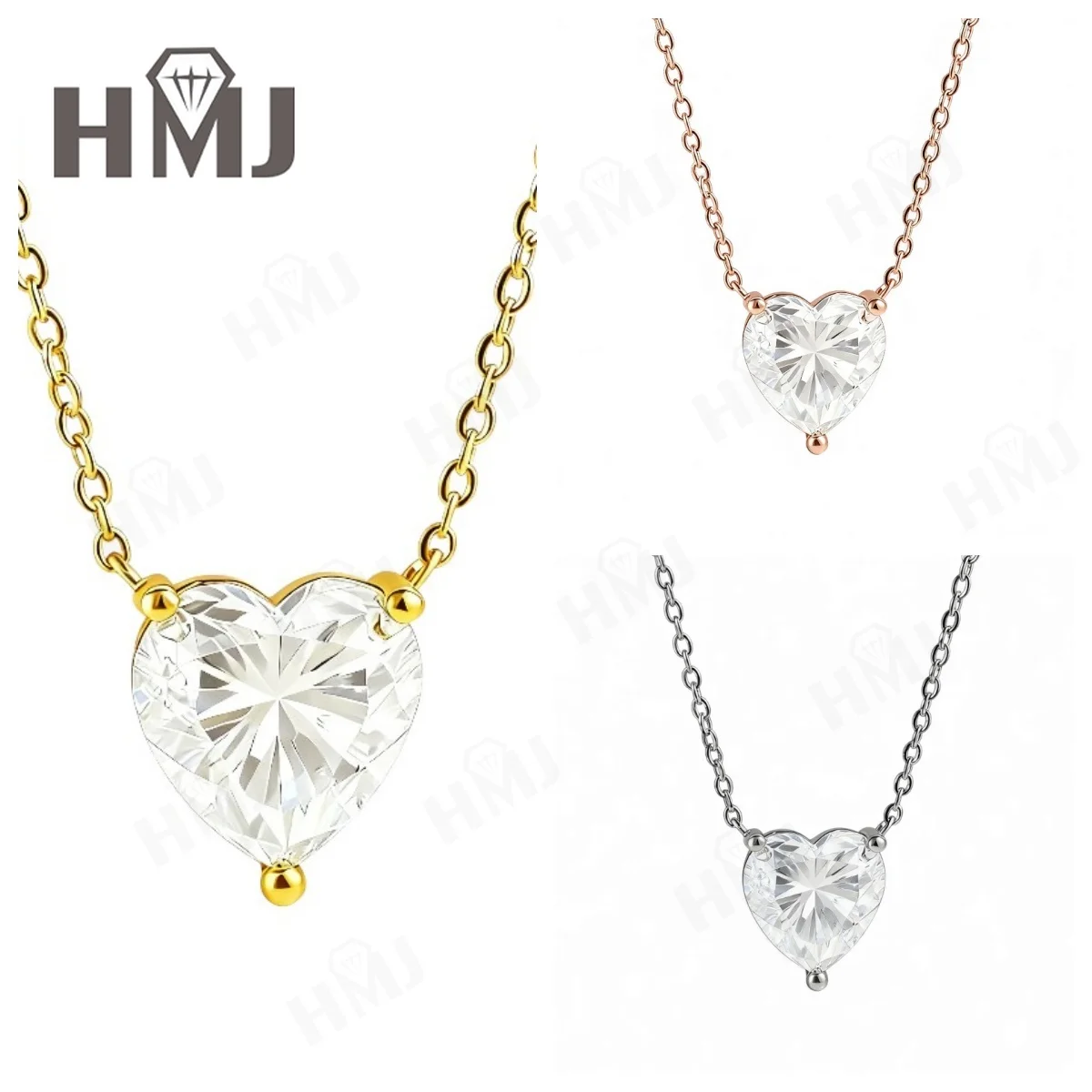 

Love Heart Necklace with1/2/3CT D Color Moissanite S925 Plated White Yellow Rose Gold Chain for Woman Engagement Chrisrmas Charm