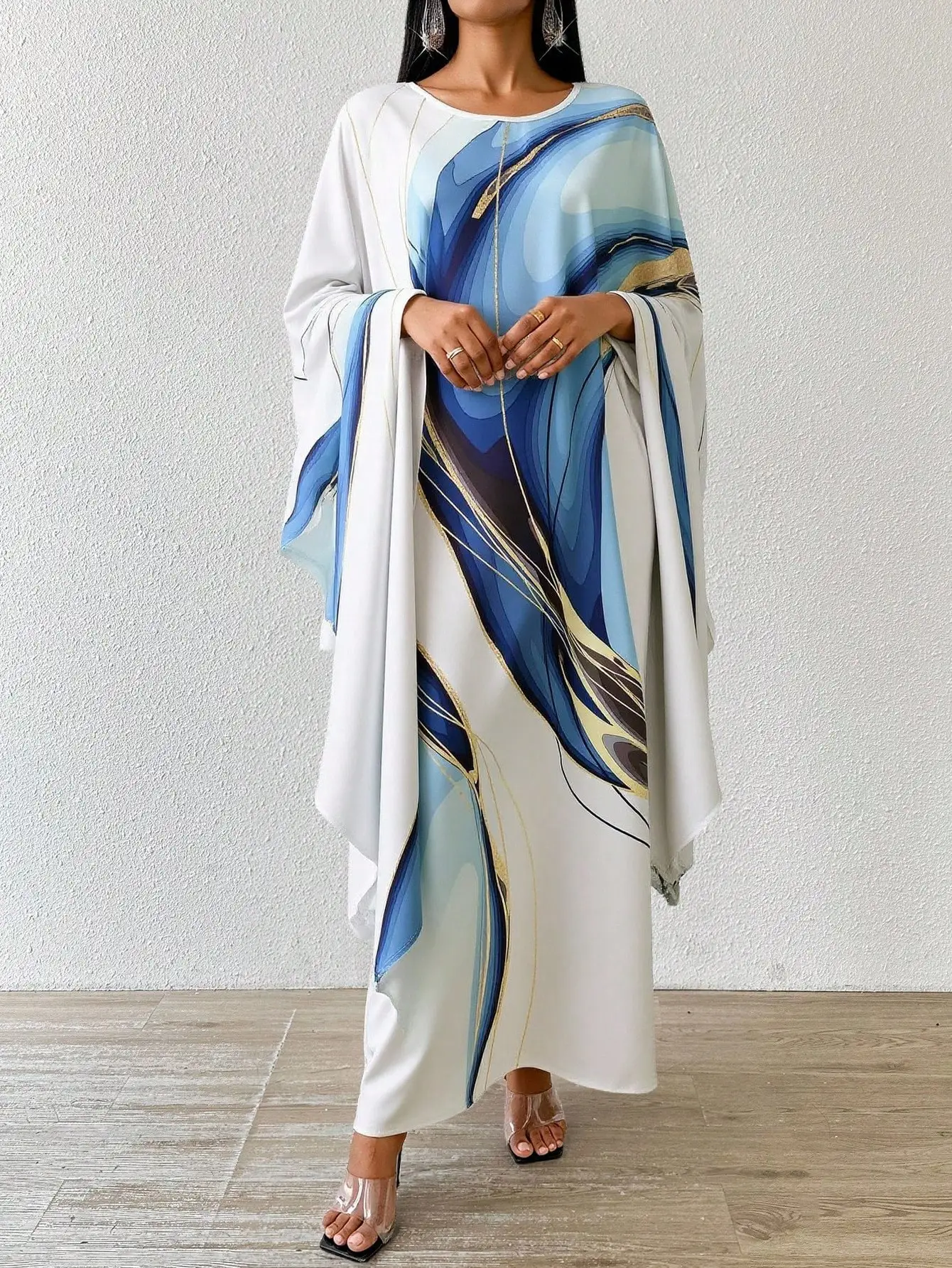 Fashion Tie Dye Pattern Print Maxi Dress For Women Elegant Short Sleeve Kimono Style Long Skirt Holiday Loose Ankle-Length Gwon