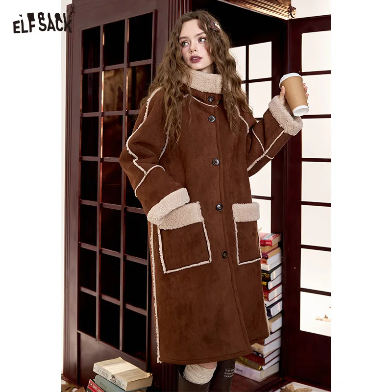 ELFSACK 2024 Winter New Arrivals Retro coffee color warm plush thick long coat hooded reversible coat