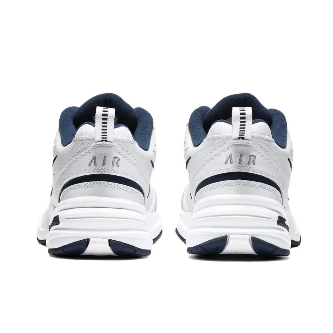 Nike Air Monarch 4 Low Baskets pour hommes et femmes Classique Rétro Chaussures décontractées Amorti Confort Baskets Blanc et Argent