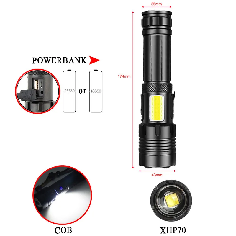 XHP70+COB Dual Light Source LED Flashlight with Power Bank Zoom