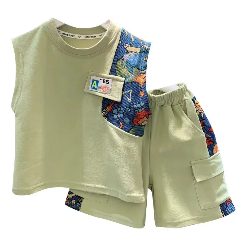 Fashion Sleeveless Pullover Shirt+Pocket Shorts 2 Piece Summer Outfits New Korean 2024 Boutique Clothing Baby Boys Sport Clothes