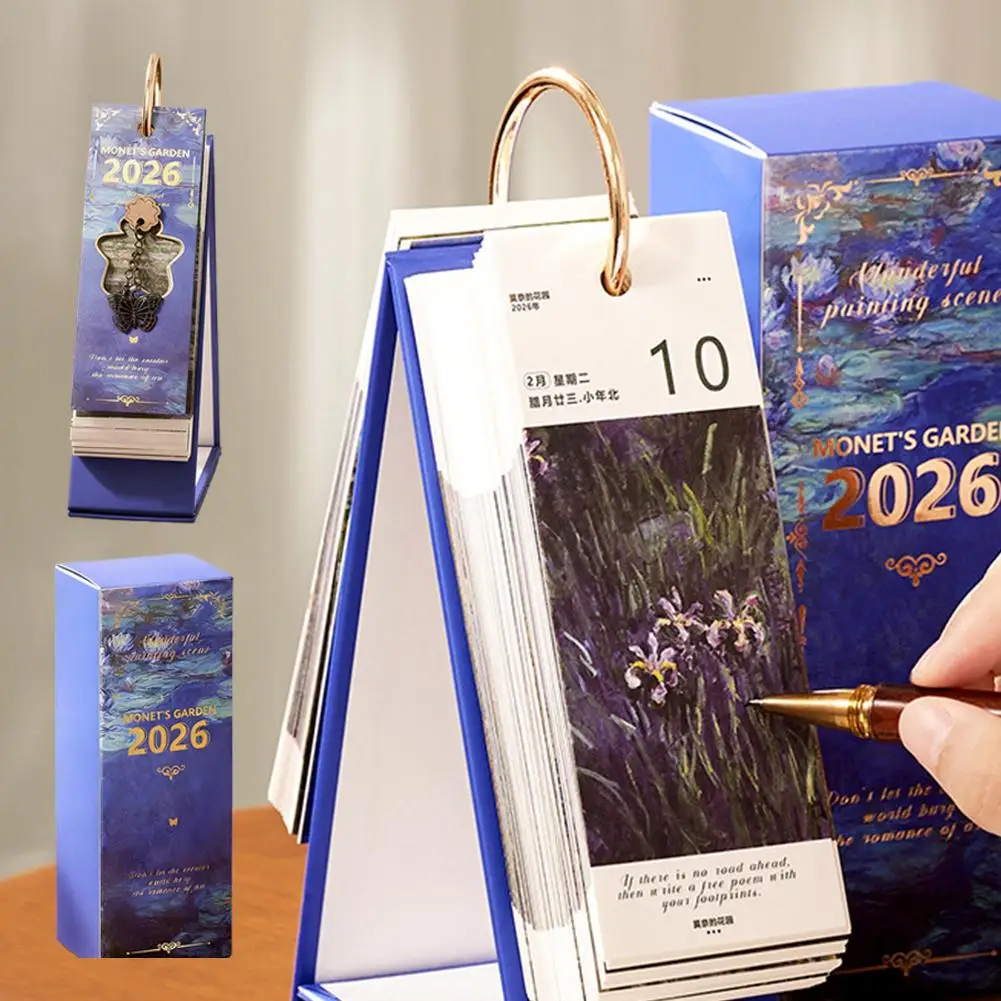 ปฏิทินตั้งโต๊ะลายภาพวาดสีน้ำมันวินเทจ พร้อมปกสีทอง 365 วัน คำคมสร้างแรงบันดาลใจ แบบพลิกหน้าเดียว วางแผนรายวัน