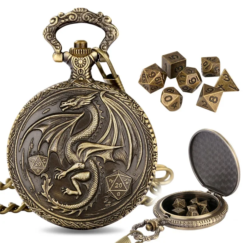 Bronze Dragon Wings with D20 Dice Pocket Watch Case Fob Chain with 7pcs/set Mini Size Metal Polyhedral Dice RPG Table Board Game