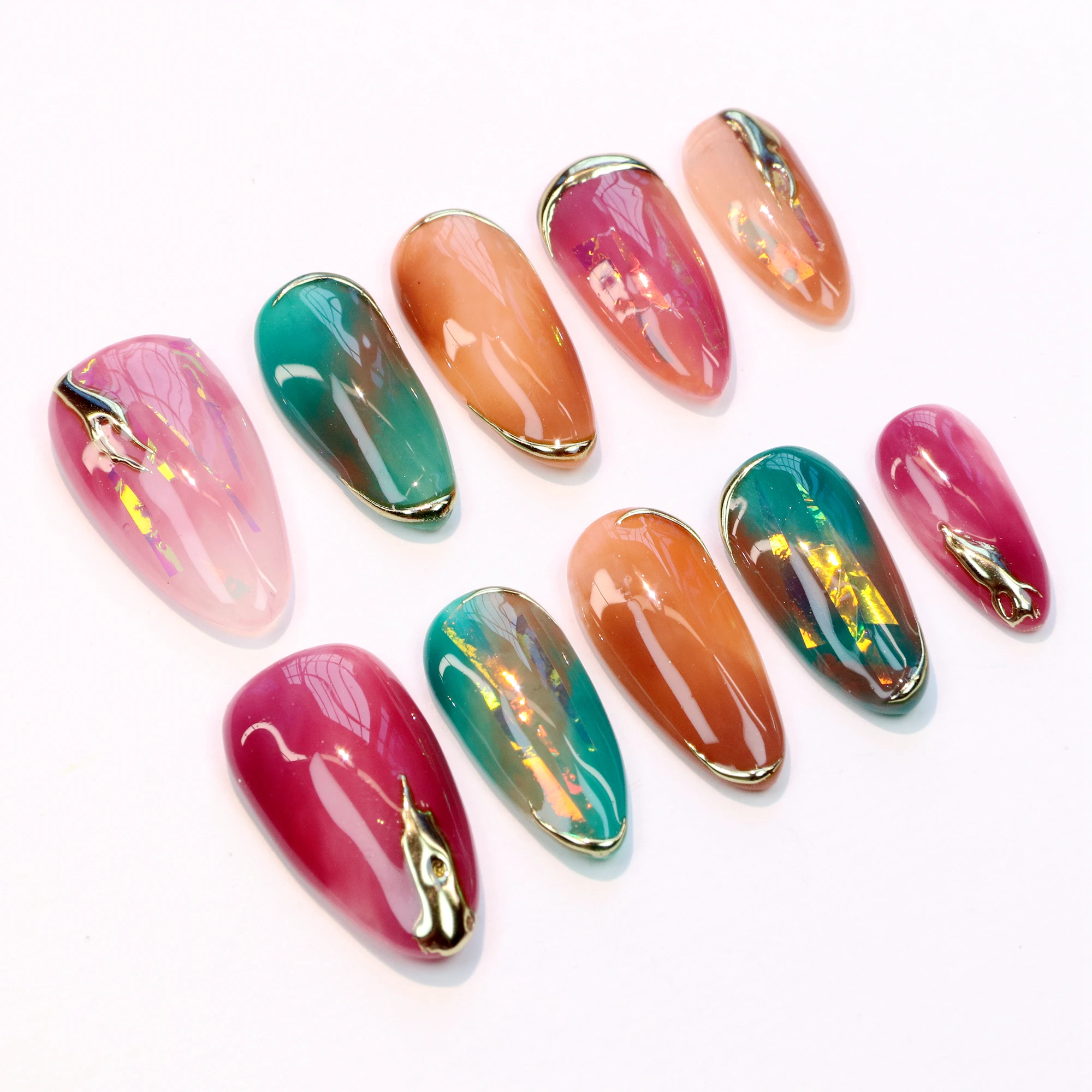 10 szt. Personalizowane, ręcznie malowane, migdałowe, kolorowe żelowe sztuczne paznokcie, luksusowe, ręcznie robione, chromowane złoto, wielokrotnego użytku, gotowe do zakładania paznokcie.