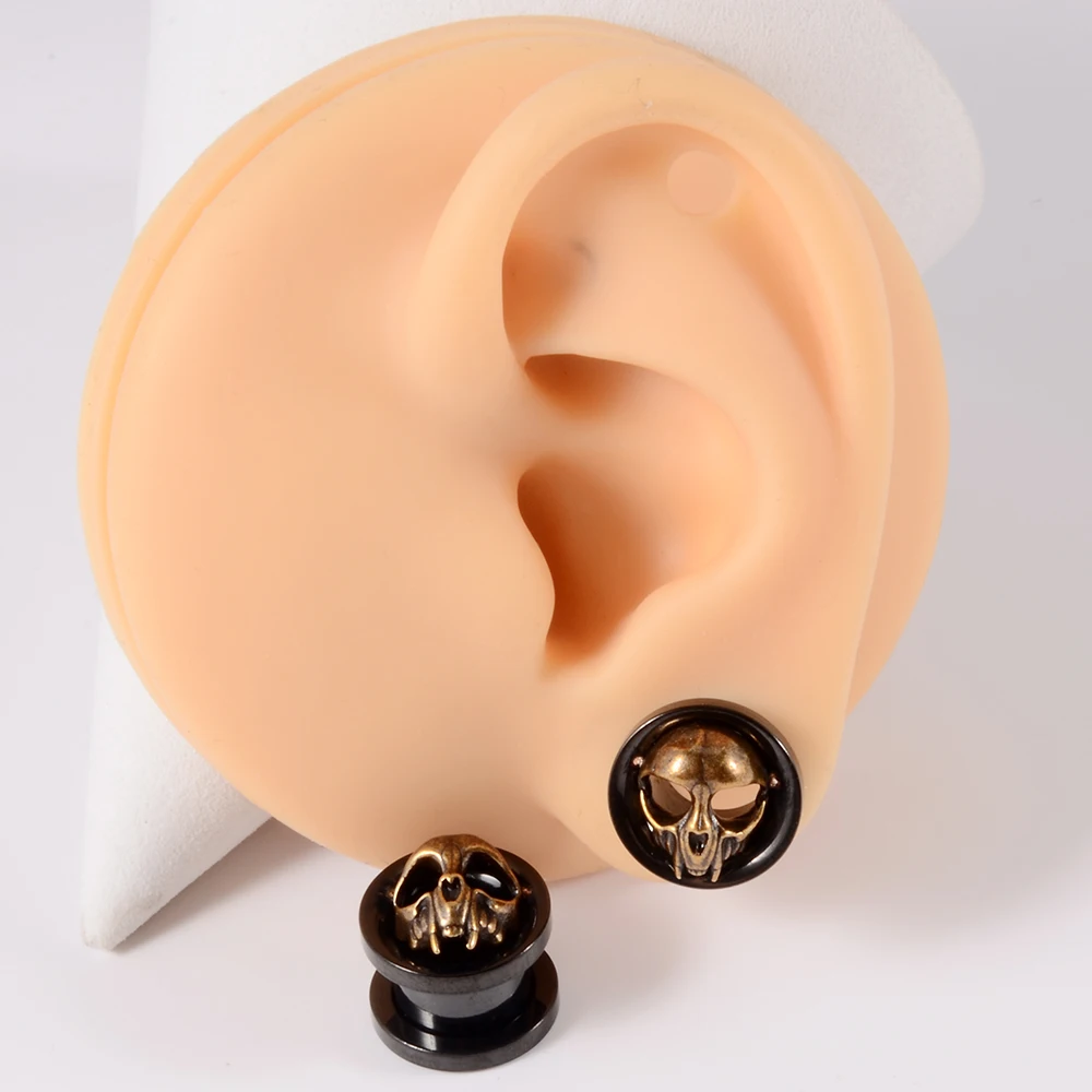 1Pair Skull Stainless Steel Ear Plugs Single Flare Tunnel Ear Gauges Expander Stretchers Ear Lobe Piercing Jewelry for Women Men