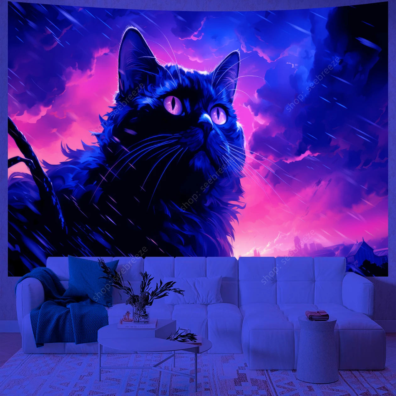 Psychedelic Animal Tapestry Cute Cat UV Reactive Tapestry Wall Hanging Hippie Kawaii Room Decor Curtain Blanket Gift for Friend