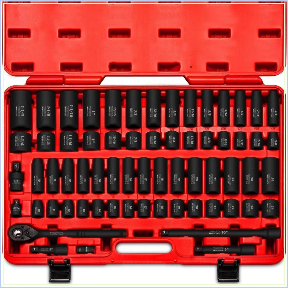 

65 Piece Impact Socket Set, SAE & Metric, Deep & Shallow, Includes Adapters & Ratchet Handle