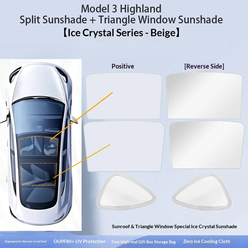 Ice‑Cloth Buckle Split Sunroof & Triangular Window Sunshade UV Protection For Tesla Model 3 Highland 2024‑2026 Car Accessories