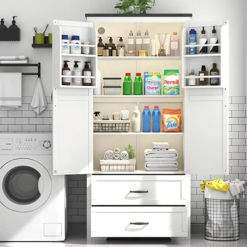 センサーライト付き背の高いファームハウスキッチンキャビネット、2つの大きな引き出しと調節可能な棚付き食品パントリーキャビネット、伝統的なF