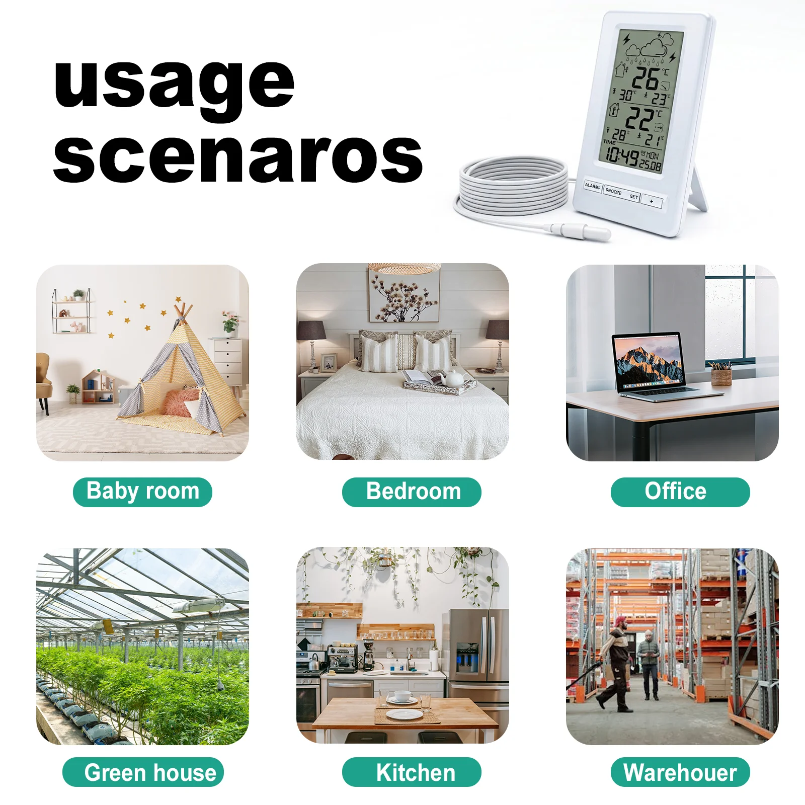 Digital Weather Station With Clock Alarm, Indoor Outdoor Temperature Monitor Weather Forecast Large LCD Display For Home Office