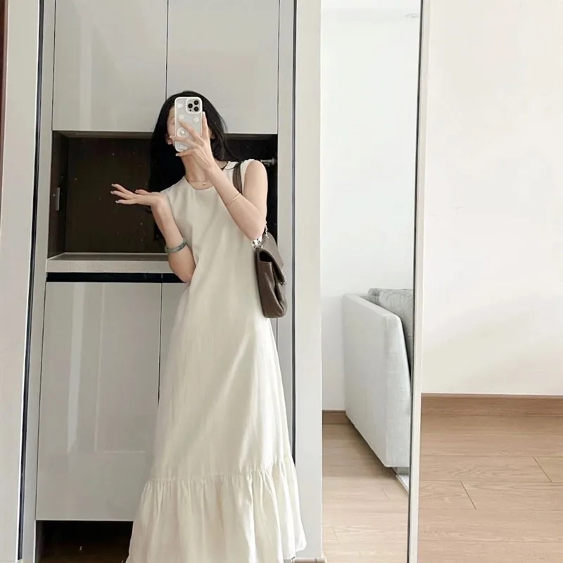 

Elegant Sleeveless Vest Dress Women's Summer Casual Vintage Anti-aging Small Splice Fish Tail Skirt High Waist Polyester