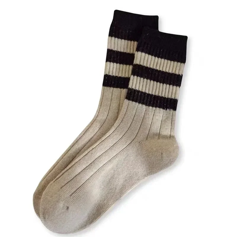 Fashion Korea Harajuku Socks Winter Warm Hip Hop Skateboard Sock Women Retro Striped Middle Tube Breathable Cotton Calcetines