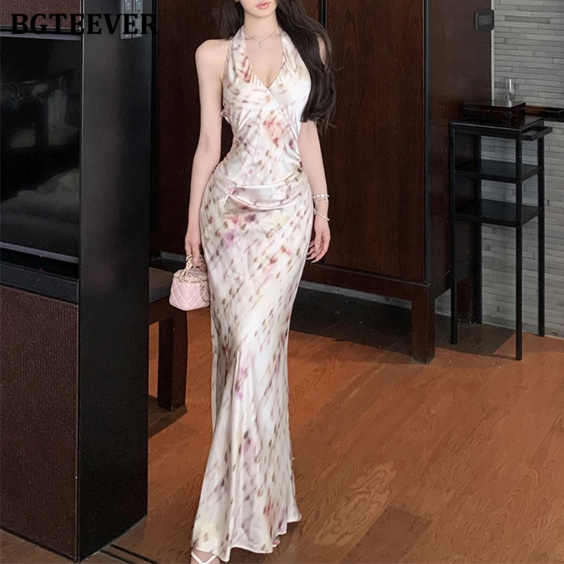 

BGTEEVER Vintage Lace-up Women Halter Sleeveless Bodycon Printed Dress Summer Fashion Ladies Slim Package Hip Backless Dress