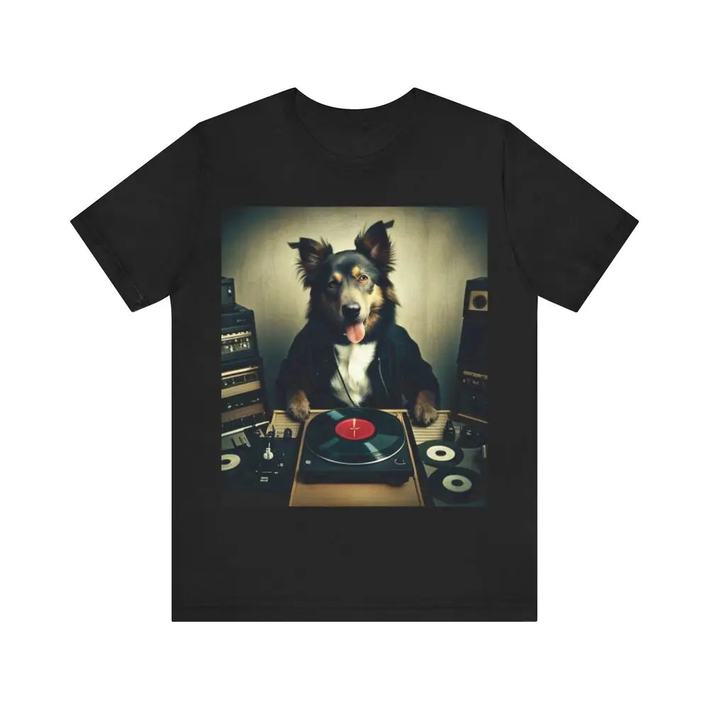 dog doggy dj set vinyl music electronic fun funny design Unisex Jersey Tee