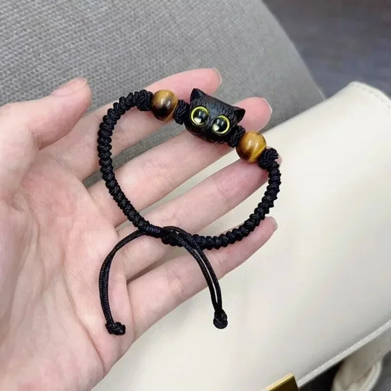 Adjustable Braided Rope Cute Black Cat Charm Bracelet for Women Men Wrist Chain Bracelet Couple Lovers Gifts Fashion Jewelry
