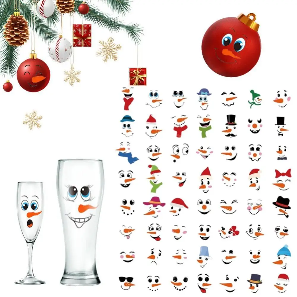 Autocollants de visage de bonhomme de neige de noël en PVC, autocollants auto-adhésifs transparents pour bouteille d'eau, tasse d'expression, DIY bricolage, 71 pièces