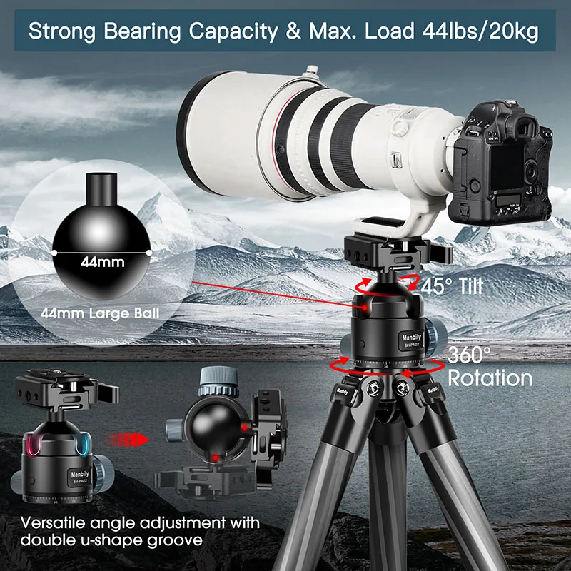 Manbily 32mm Tube Carbon Fiber Hunting Tripods for Hunting Outdoor with Arca Swiss Shooting Tripod Max.Load 44lbs(WZ-324PA02)