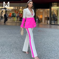 MSMUSI 2023 New Women Sexy Patchwork Two Piece Set Bodycon Turn Down Collar Long Sleeve Blazer Top Flared Long Pant Set Suit