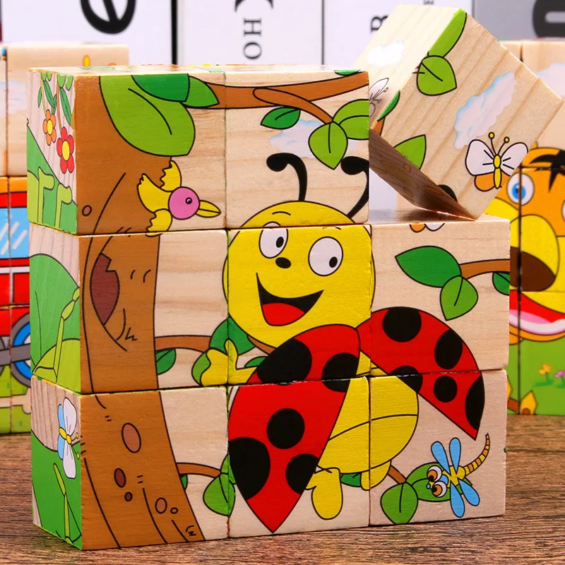 Baby Wooden Blocks Toys Children Six Side Cube Jigsaw Puzzles Game Animal Fruit Traffic Cognize Early Learning Educational Toys