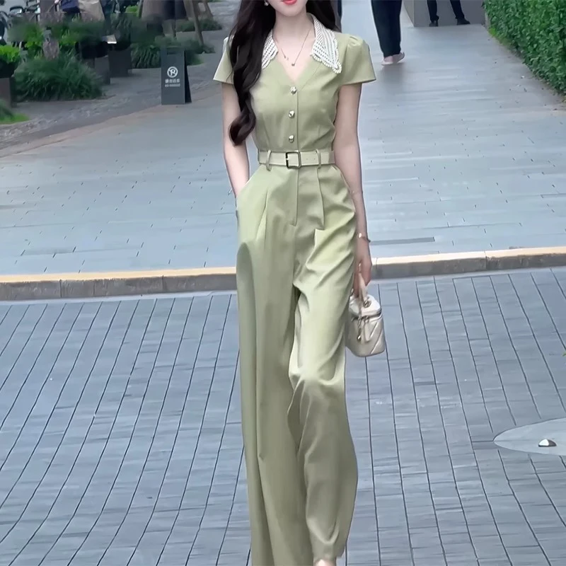 กางเกงเอวสูงทรงตรงสำหรับผู้หญิง แฟชั่นฤดูร้อน 2025 สไตล์ลำลอง ช่วยให้ดูผอม ทรงขากว้าง สไตล์เกาหลี