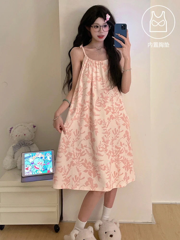 

DAIMELU sleepwear girl women's nightdress summer nightgown integrated sexy pajamas with chest pad high-end loungewear summer