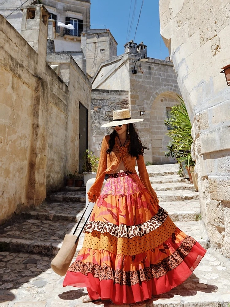 64-76 سنتيمتر الخصر الصيف البوهيمي عطلة تنانير طويلة النساء أنيقة الفرنسية ليوبارد طباعة المرقعة تكدرت كبير سوينغ عطلة تنورة #4