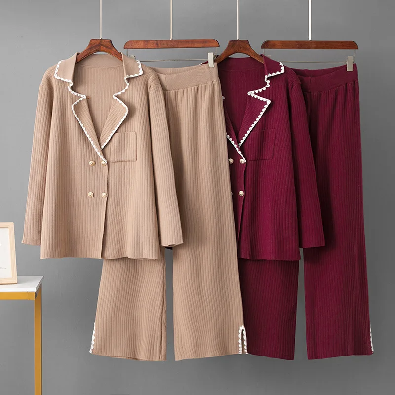 

Casual loose Button Knitted Cardigan+Elastic Waist Pants 2-piece Set Suit Autumn/Winter Women's Sets New Split Pant Set Woman