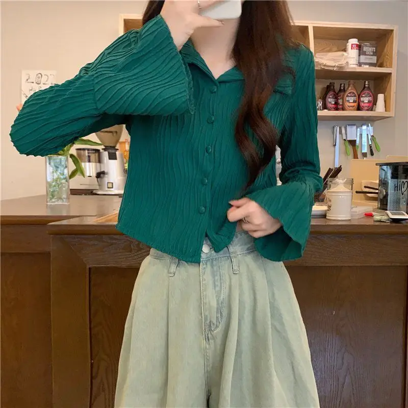 Women Shirt Solid Flare Long Sleeve Jacquard Slim Fit All-match Chic Vintage Casual Korean Fashion Spring Ladies Tops Popular