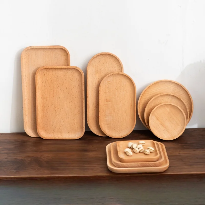 Solid Beech Wood Breakfast Tray Round Square Oval Rectangle Wooden Plate Coffee Cup Coaster Snack Nut Dessert Serving Tray