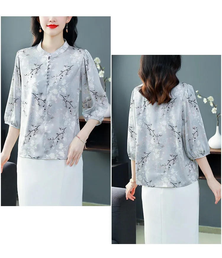 Satin Women's Blouses Korean Vintage Shirts FASHION Loose Spring/Summer Clothing Printed Short Sleeve Women Tops