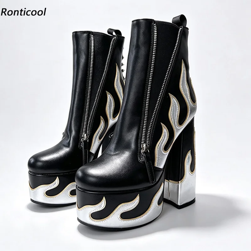 Ronticool Women Flame Print Platform Ankle Boots Round Toe Chunky Heels Double Side Zipper Gothic Nightclub Party Short Boots